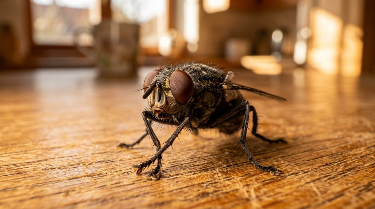 Mouche domestique se frottant les pattes avant en gros plan