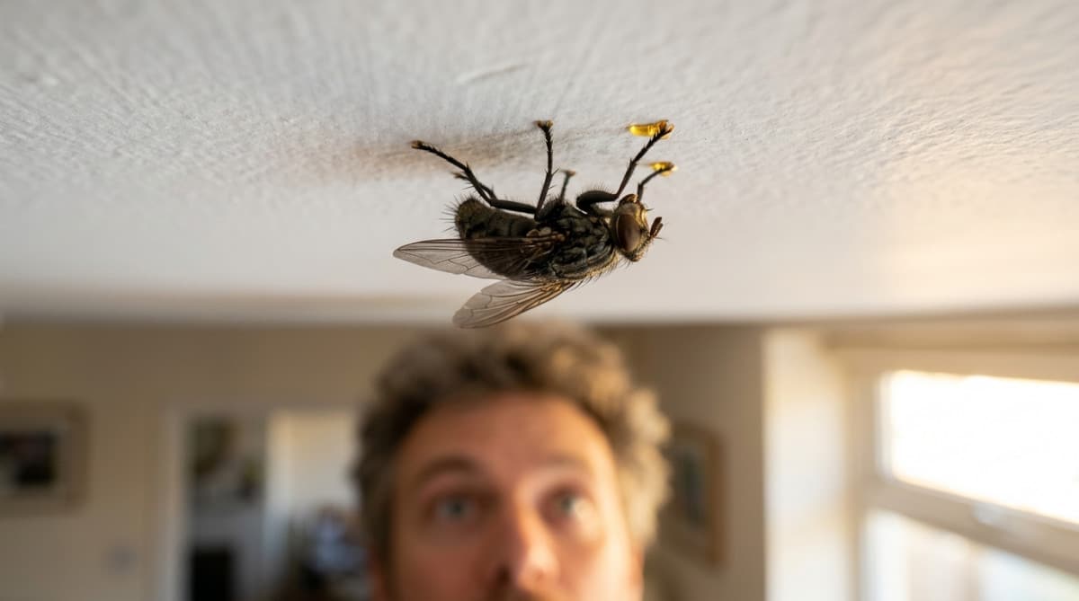Mouche marchant au plafond grâce à ses coussinets adhésifs