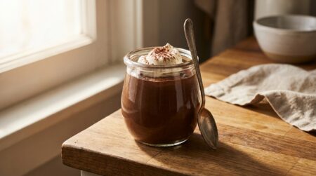 Pot en verre de mousse au chocolat sur plan de travail