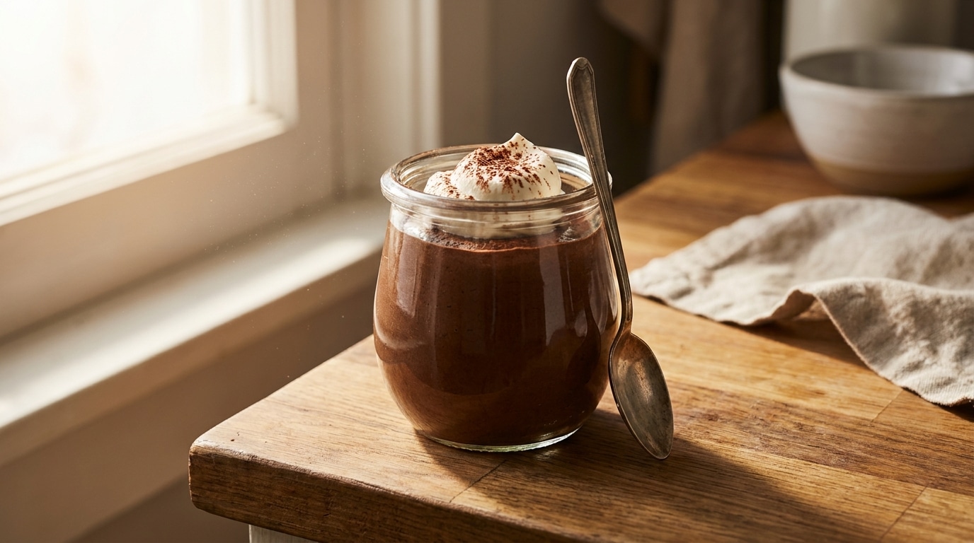 Pot en verre de mousse au chocolat sur plan de travail