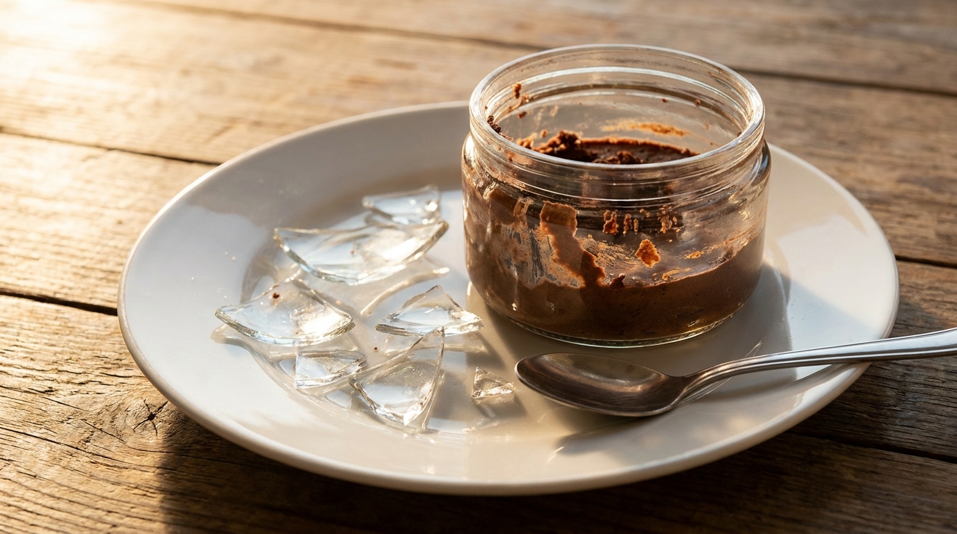 Éclats de verre sur assiette blanche près d'un pot ouvert