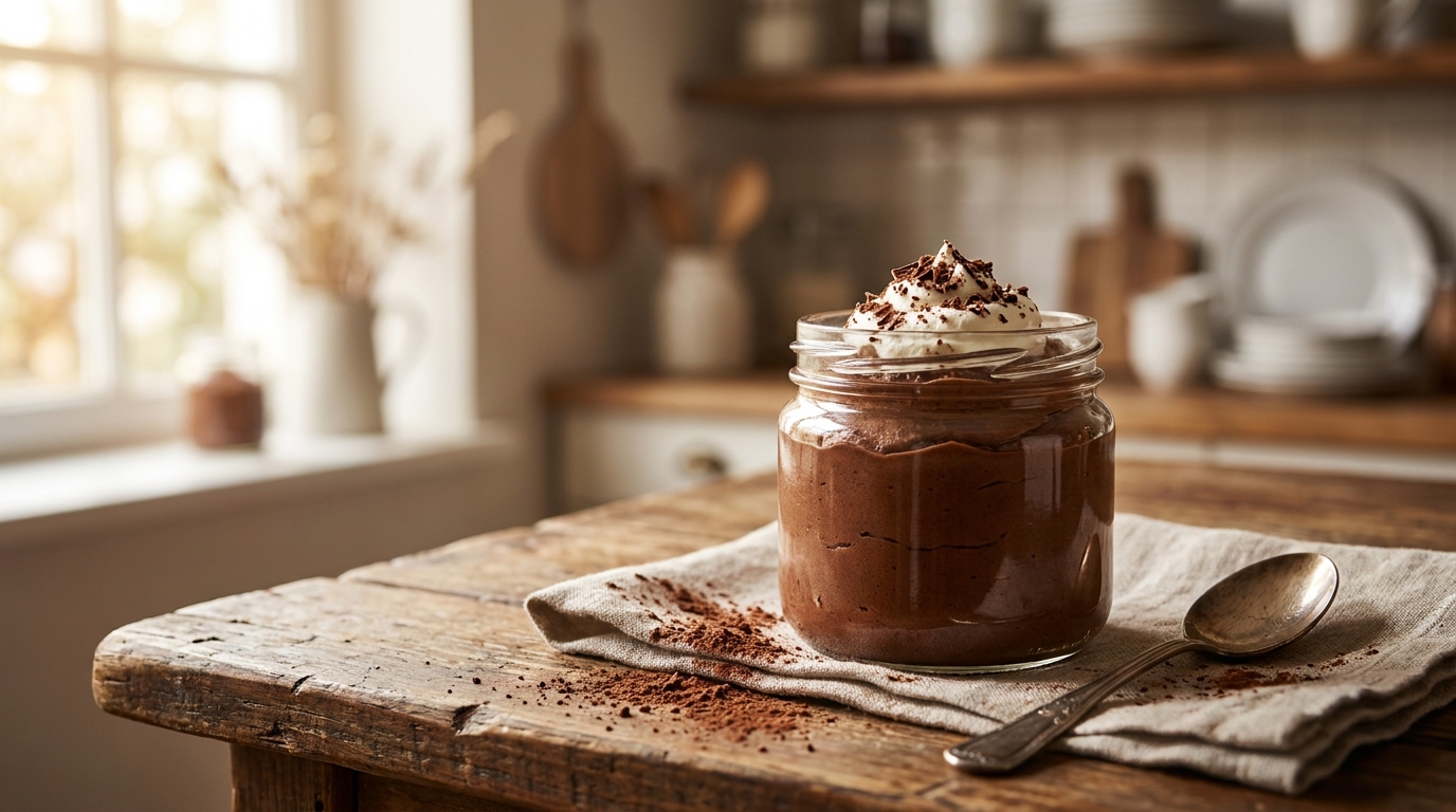 Pot en verre de mousse au chocolat sur table en bois