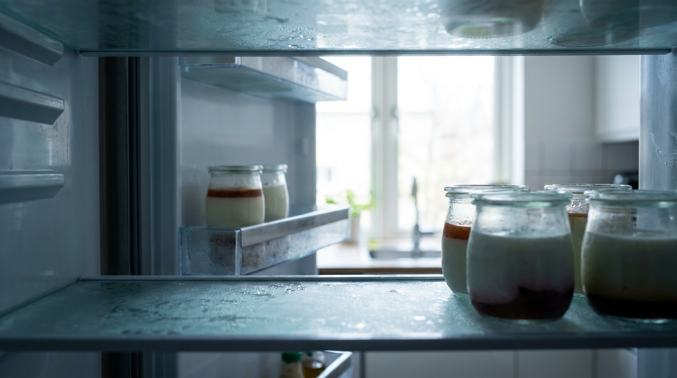 Pots de desserts laitiers dans un réfrigérateur ouvert