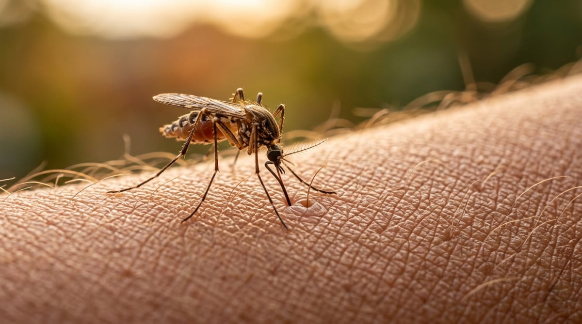 Moustique posé sur une peau humaine en gros plan