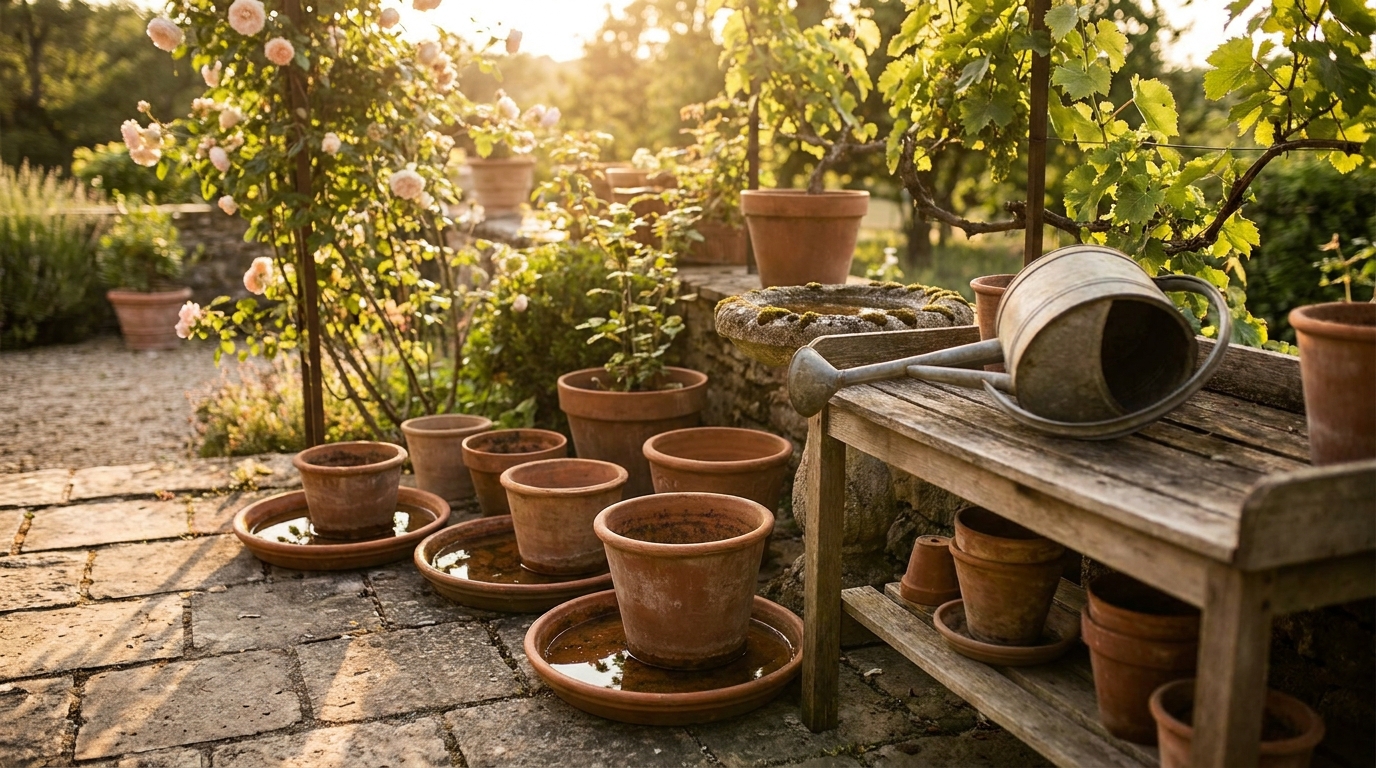 Terrasse de jardin avec pots en terre cuite et eau stagnante