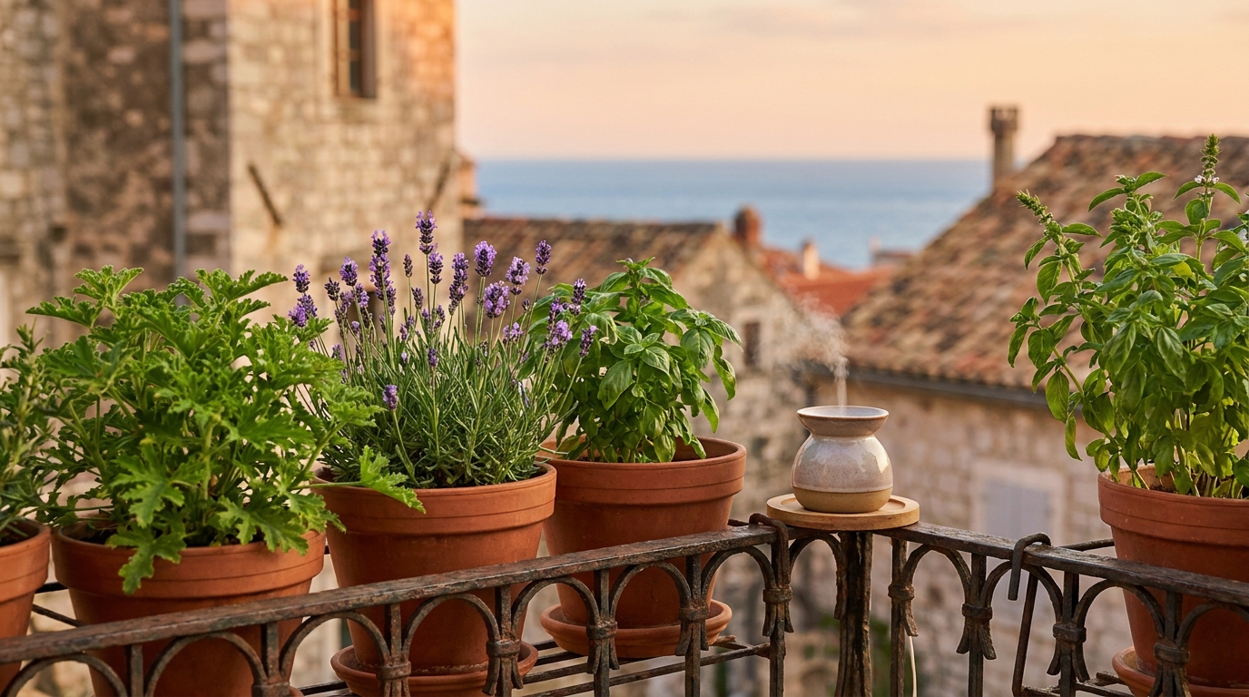 Pots de citronnelle et lavande sur un balcon au crépuscule
