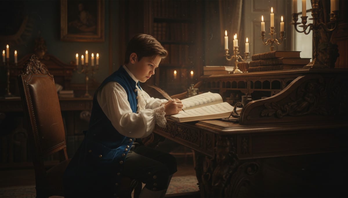 Mozart enfant recopiant de mémoire une partition interdite à la bougie