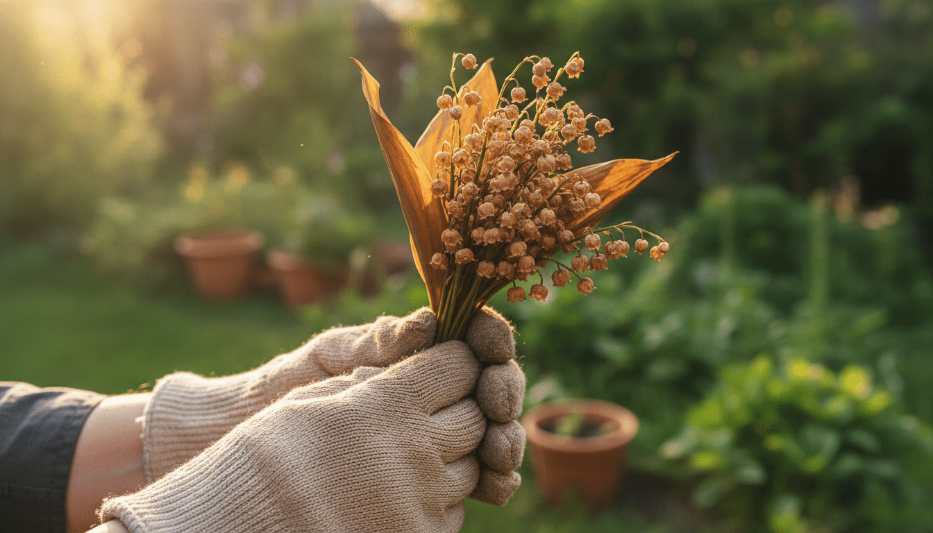 Personne tenant un bouquet de muguet fané avec des gants de jardin