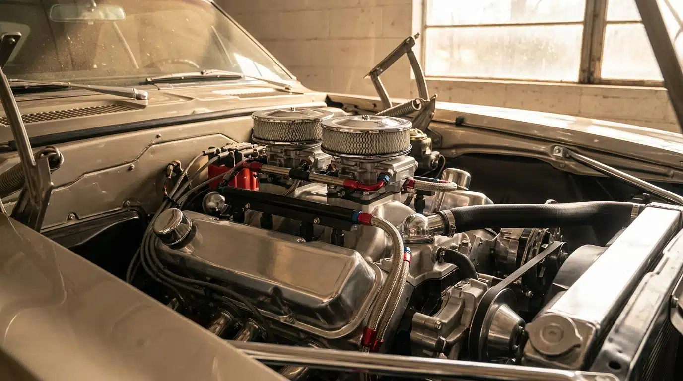 Moteur V8 chromé avec injection moderne sous un capot ouvert