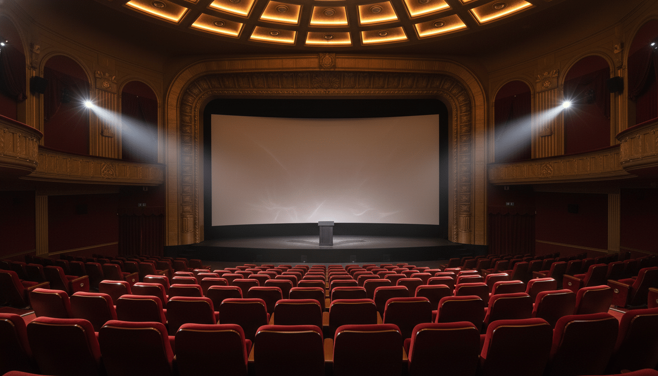 Salle de cinéma de luxe vide avec écran argenté illuminé