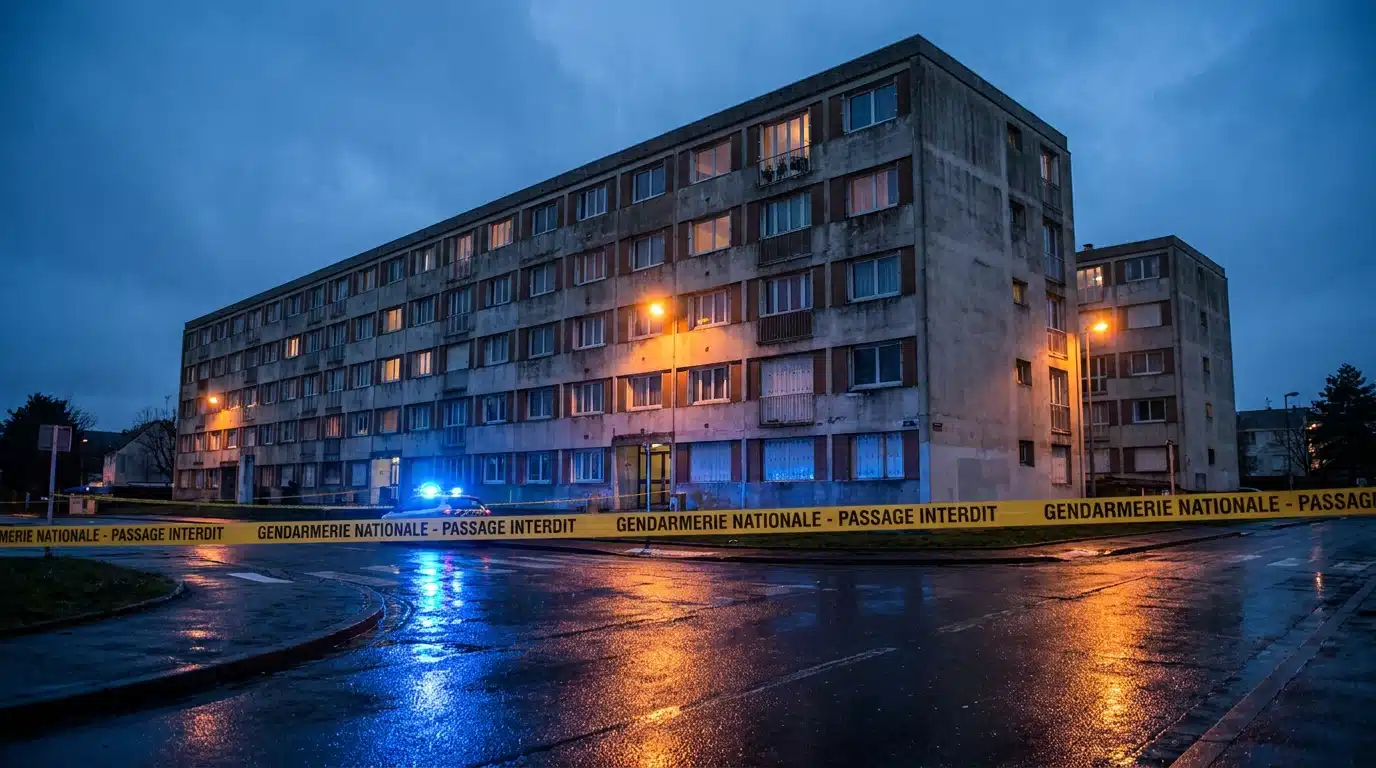 Immeuble de quartier populaire éclairé par des gyrophares au crépuscule
