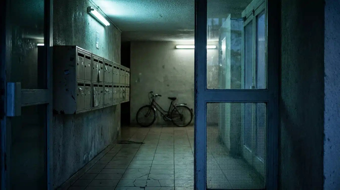 Hall d'entrée vide d'un immeuble HLM sous lumière artificielle