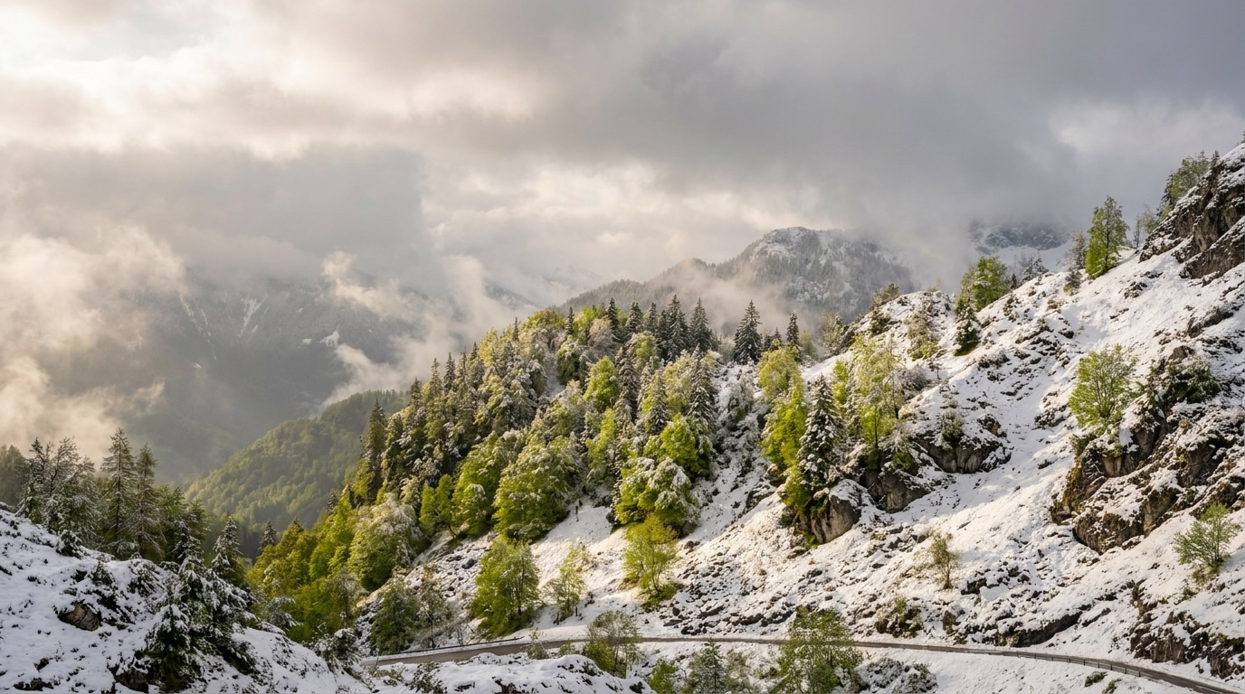 Montagne alpine enneigée avec arbres verts au printemps