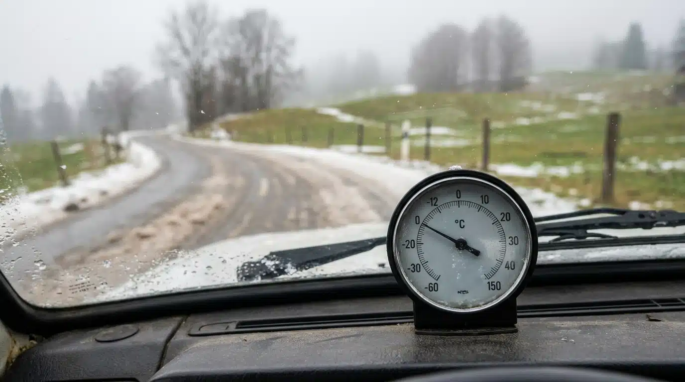 Route de montagne enneigée avec thermomètre et prairie verte