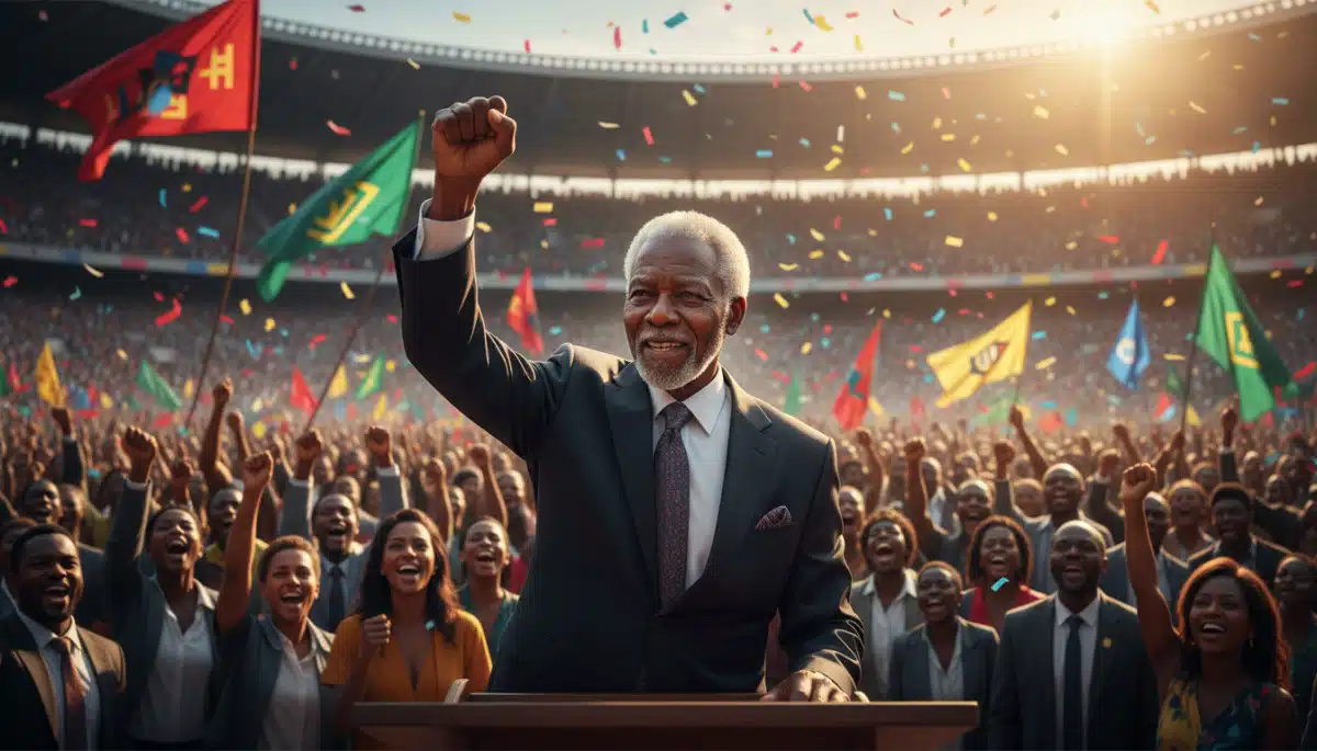 Nelson Mandela levant le poing lors de son investiture en 1994