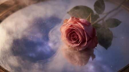 Rose posée sur un miroir brumeux sous un ciel étoilé