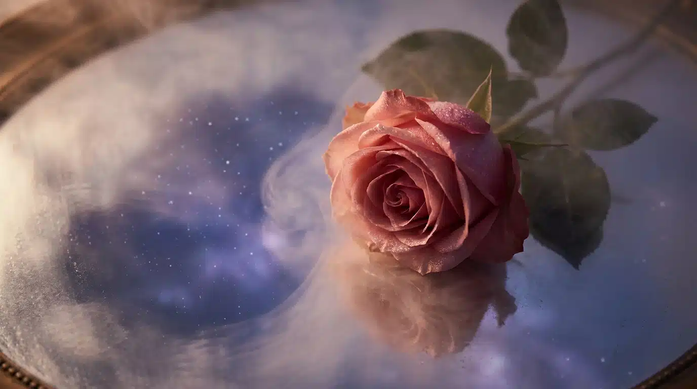 Rose posée sur un miroir brumeux sous un ciel étoilé