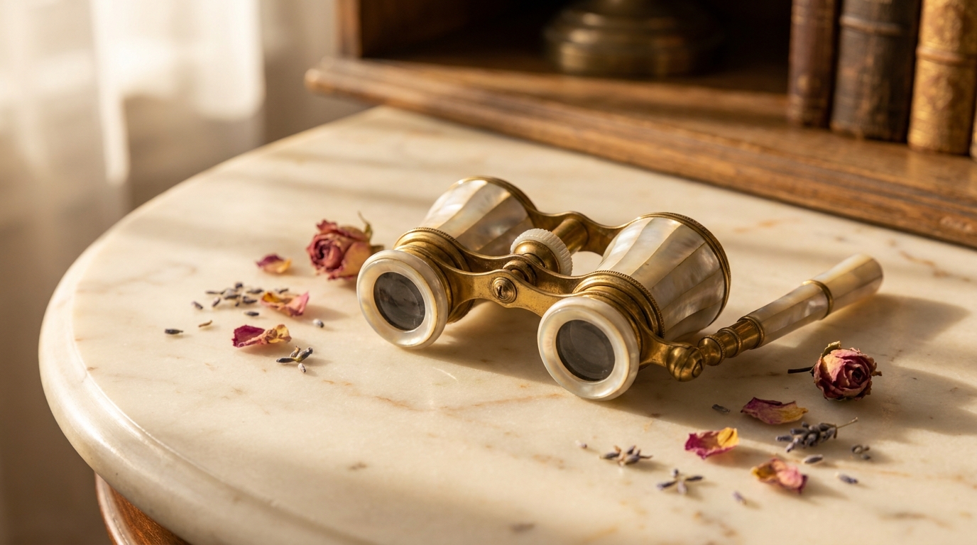 Lorgnette vintage sur marbre avec pétales de fleurs séchées