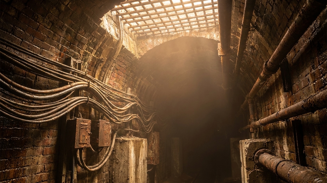 Réseau souterrain de conduites techniques sous une rue new-yorkaise