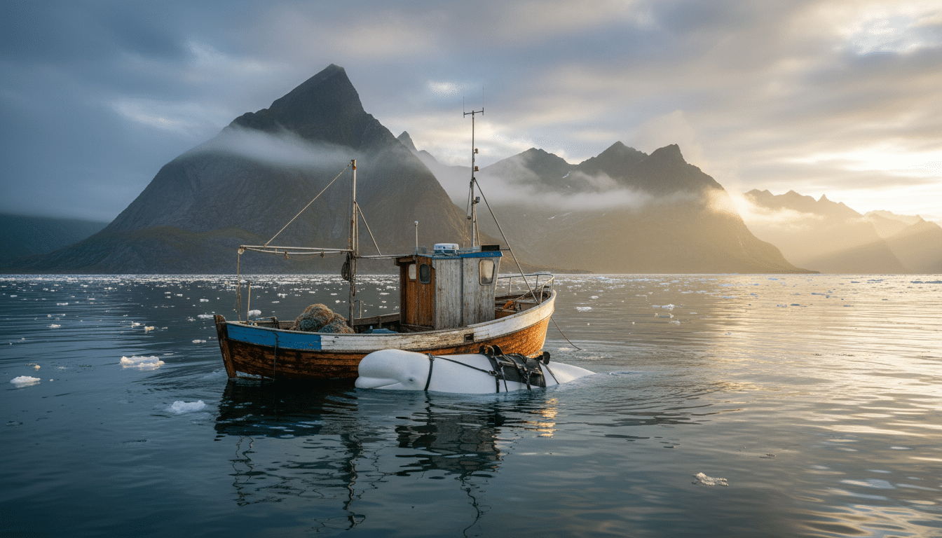 Béluga portant un harnais près d'un bateau de pêche en Norvège