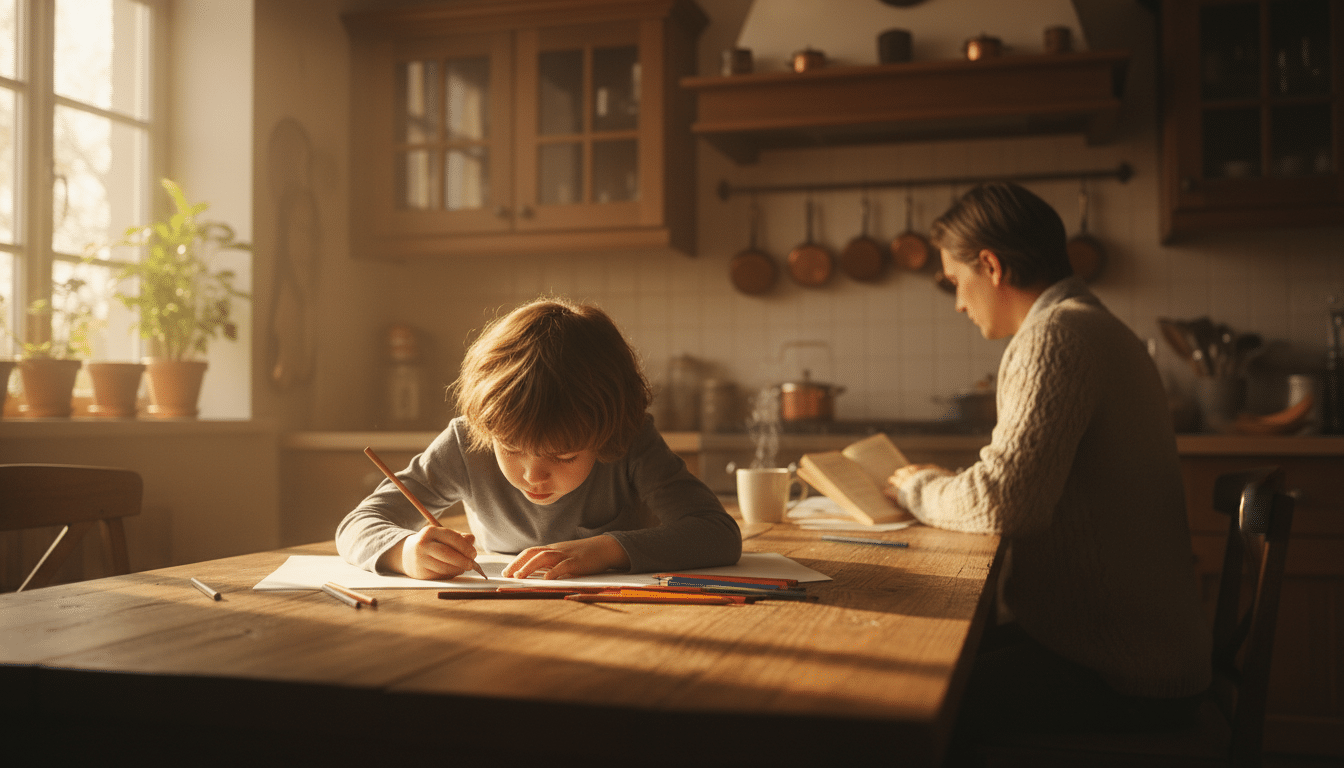 Enfant dessinant dans une cuisine avec un parent présent