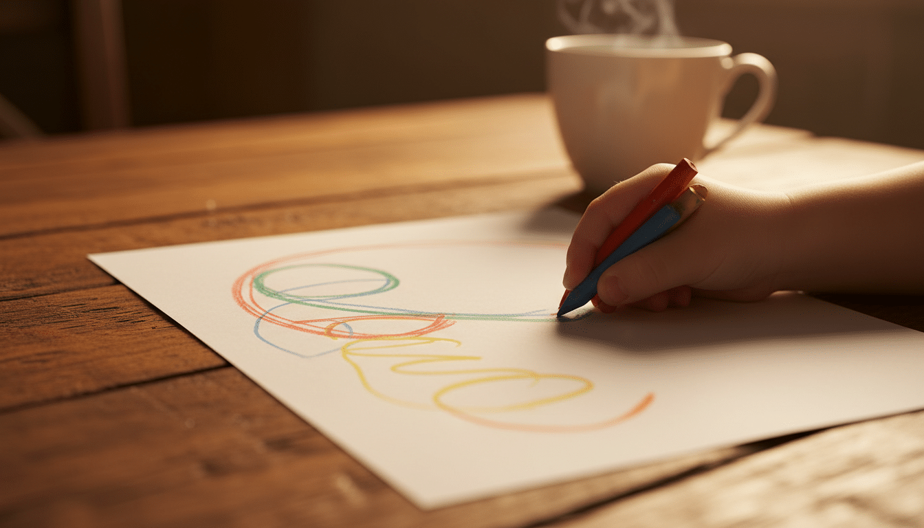 Main d'enfant dessinant avec des crayons sur une table