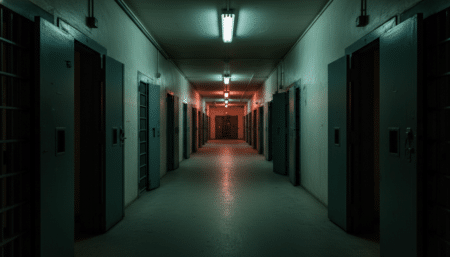 Couloir sombre d'une prison fédérale américaine