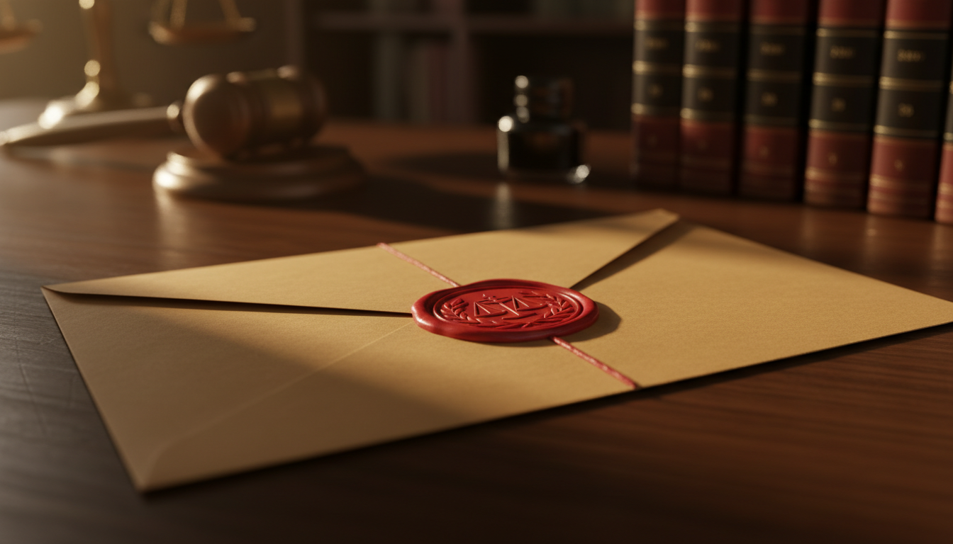 Enveloppe judiciaire scellée sur un bureau