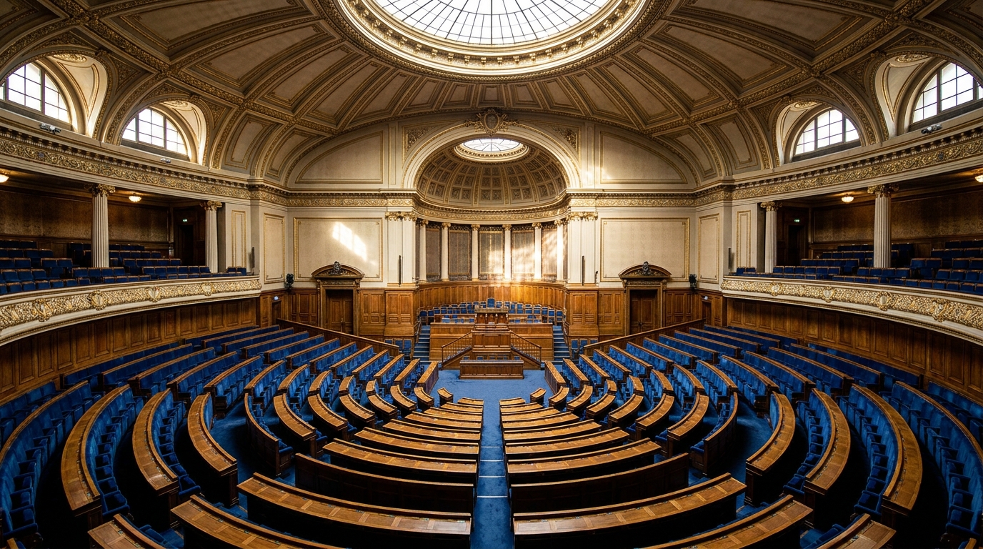 Hémicycle vide de l'Assemblée nationale vu de haut
