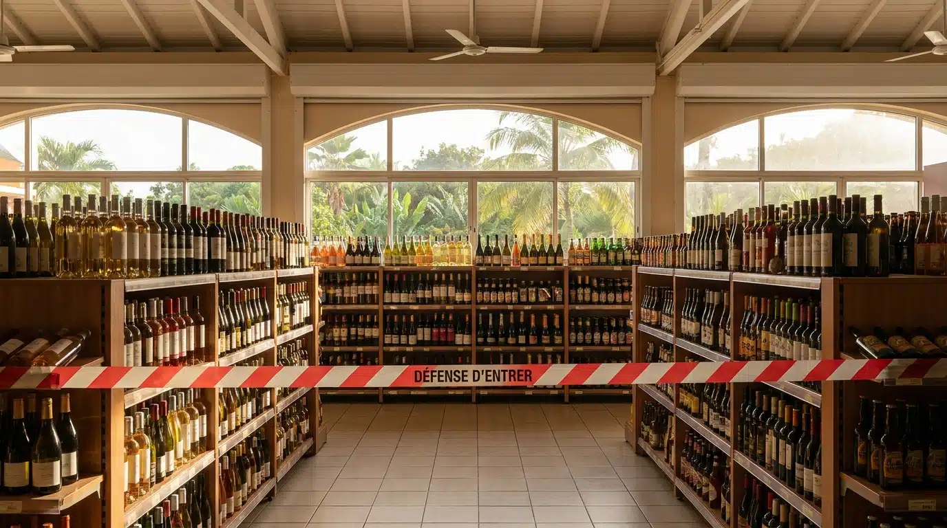Rayon alcool d'un supermarché fermé par une barrière