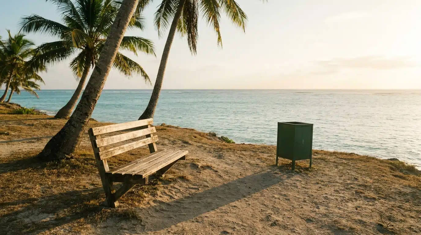 Banc vide dans un parc tropical au bord de mer
