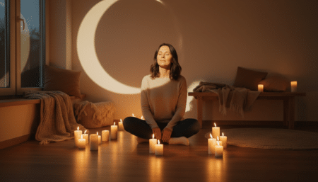 Femme méditant dans une lumière dorée de nouvelle lune