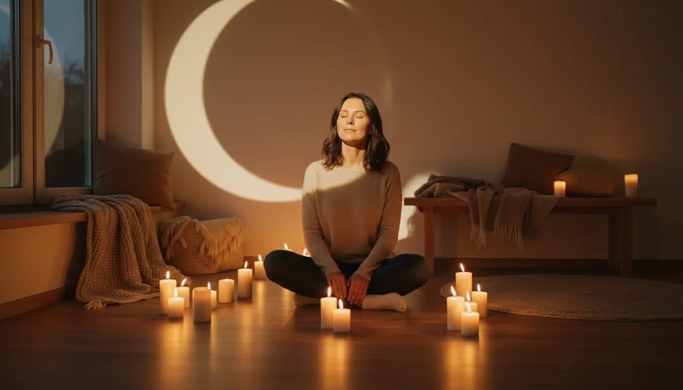 Femme méditant dans une lumière dorée de nouvelle lune