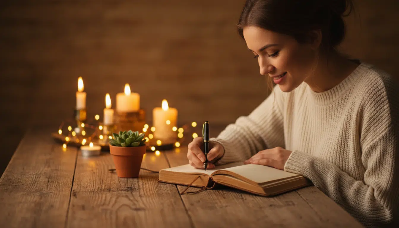 Femme écrivant ses intentions dans un journal à la lumière de bougies