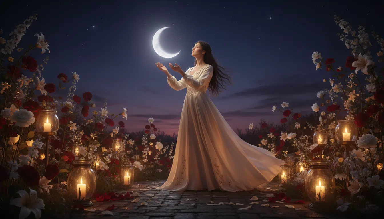Femme méditant sous un croissant de lune dans un jardin