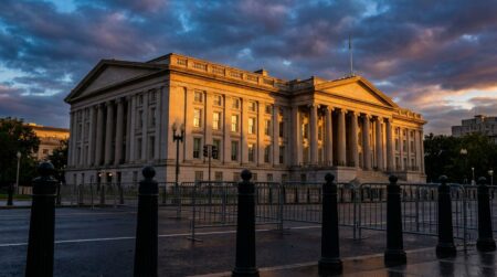 La Maison-Blanche vue depuis Pennsylvania Avenue au crépuscule