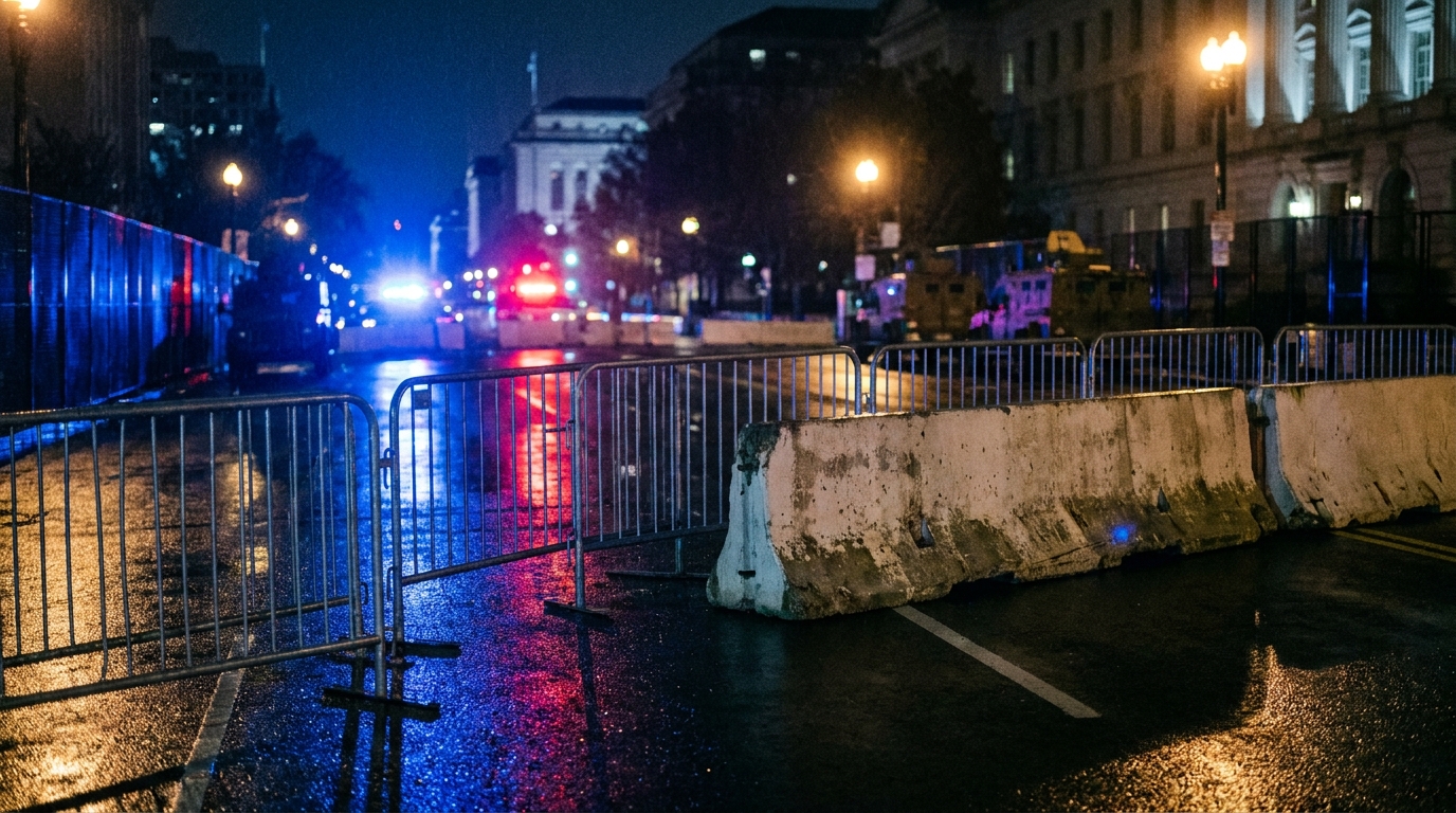 Barrières de sécurité et lumières d'urgence dans une rue de Washington