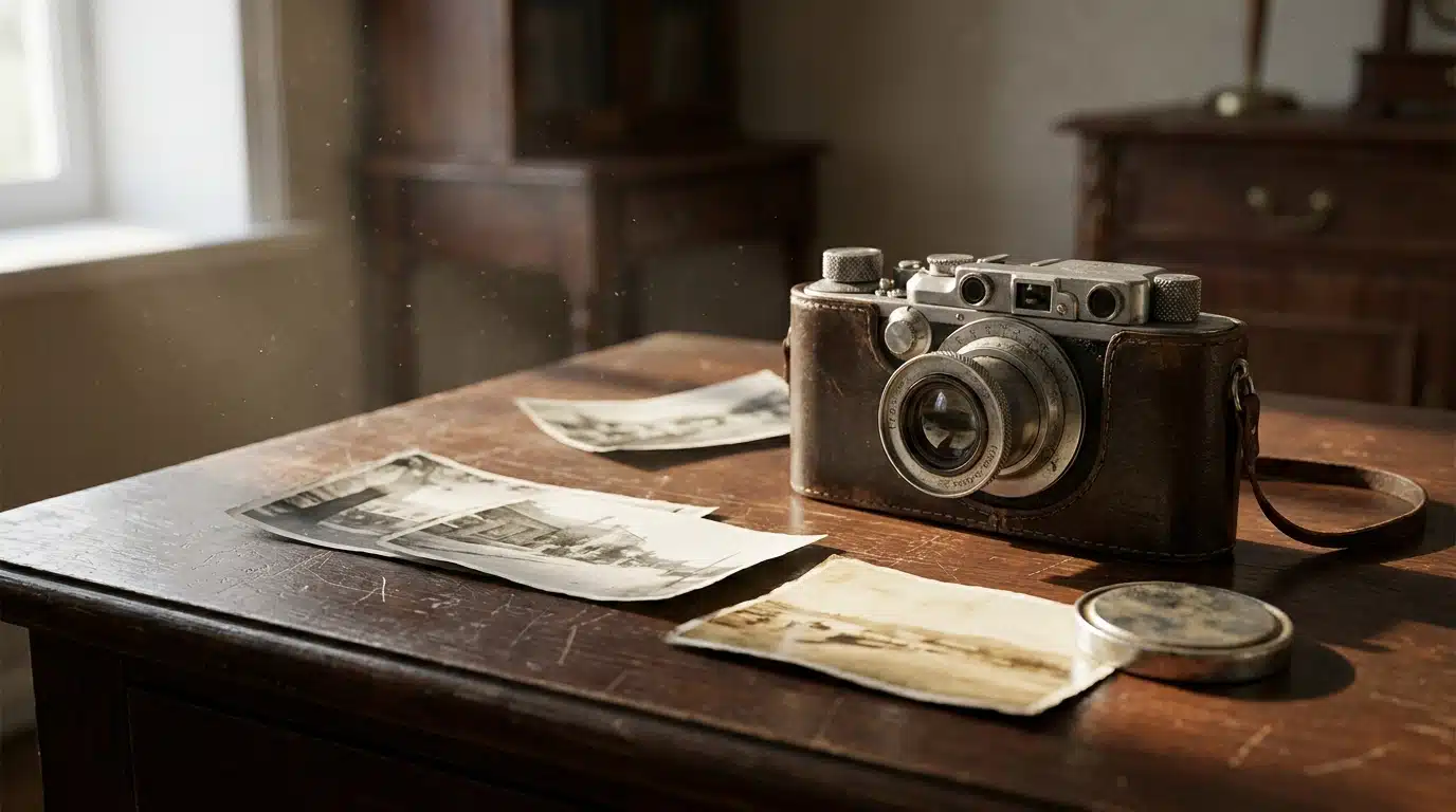 Appareil photo vintage et photos de famille éparpillées sur un bureau en bois sombre