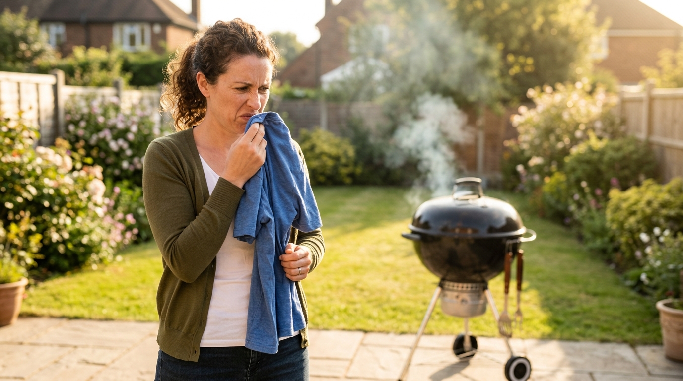 Personne sentant un t-shirt imprégné d'odeur de barbecue