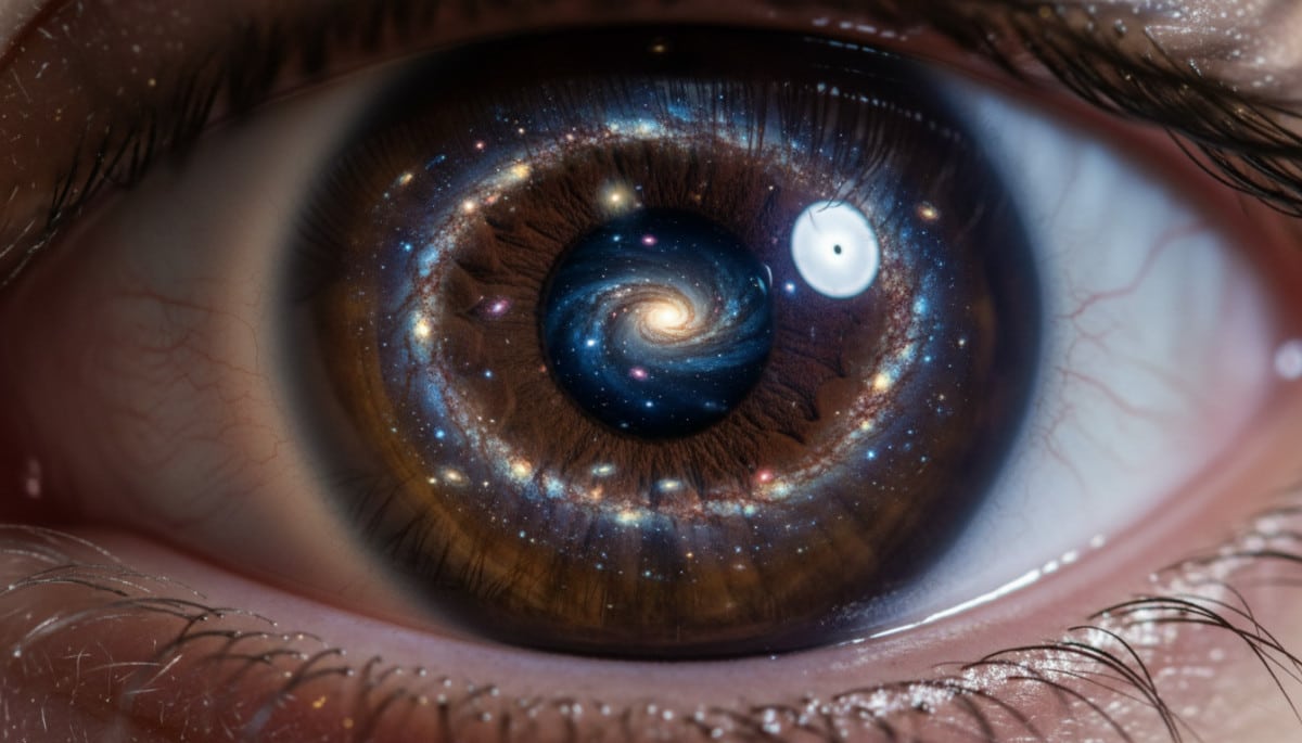 Œil humain reflétant les galaxies de l'univers