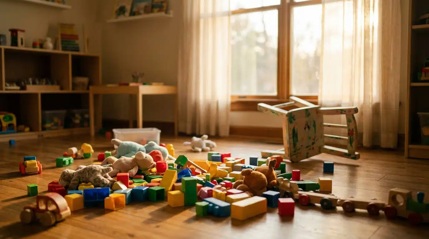 Salle de crèche vide avec jouets colorés au sol