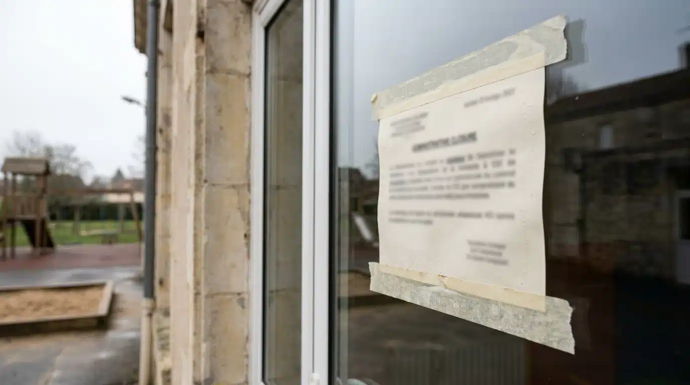 Porte vitrée d'une microcrèche avec avis de fermeture