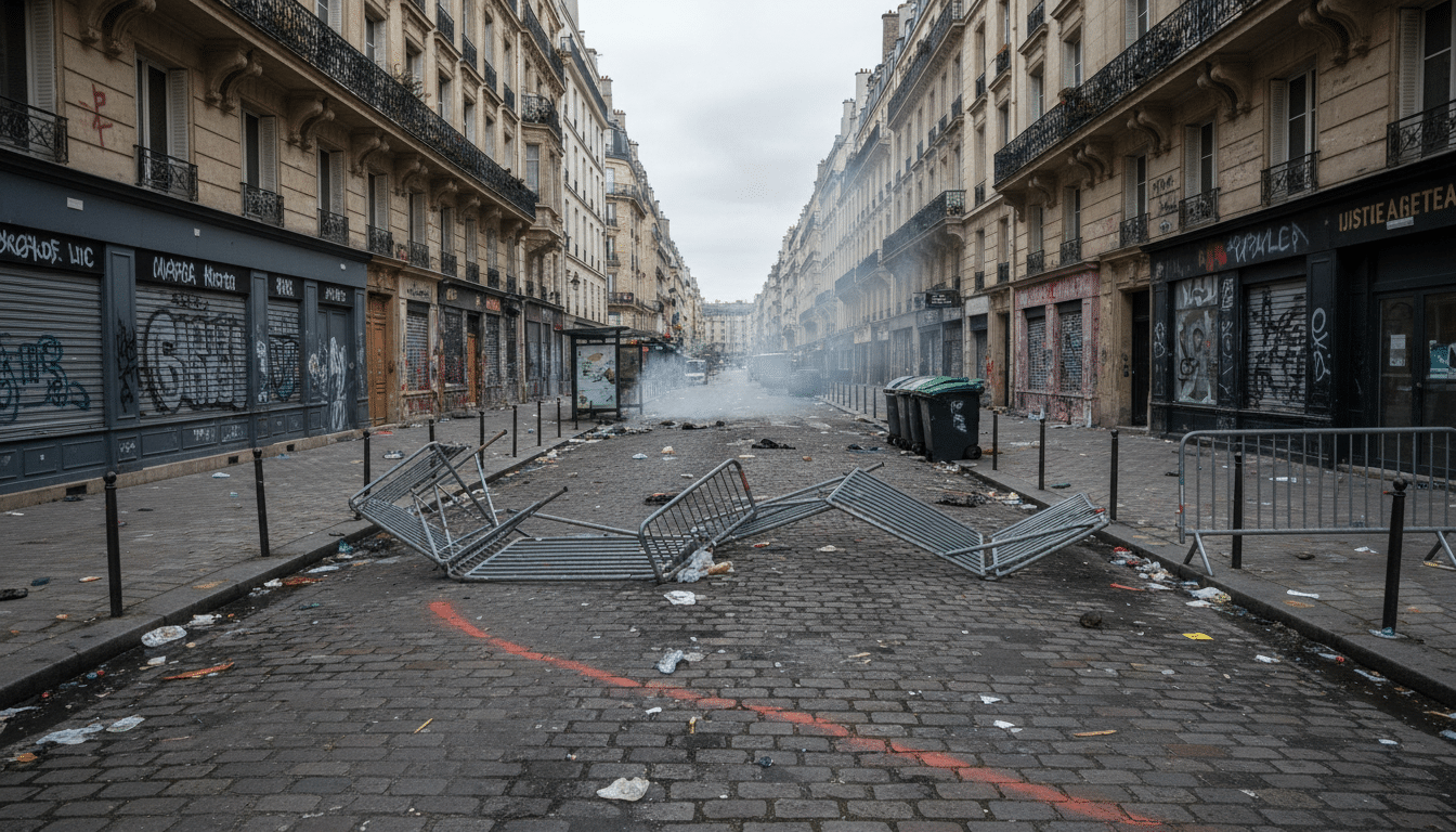 Rue dévastée après les affrontements du 1er mai 2026, débris et barrières au sol