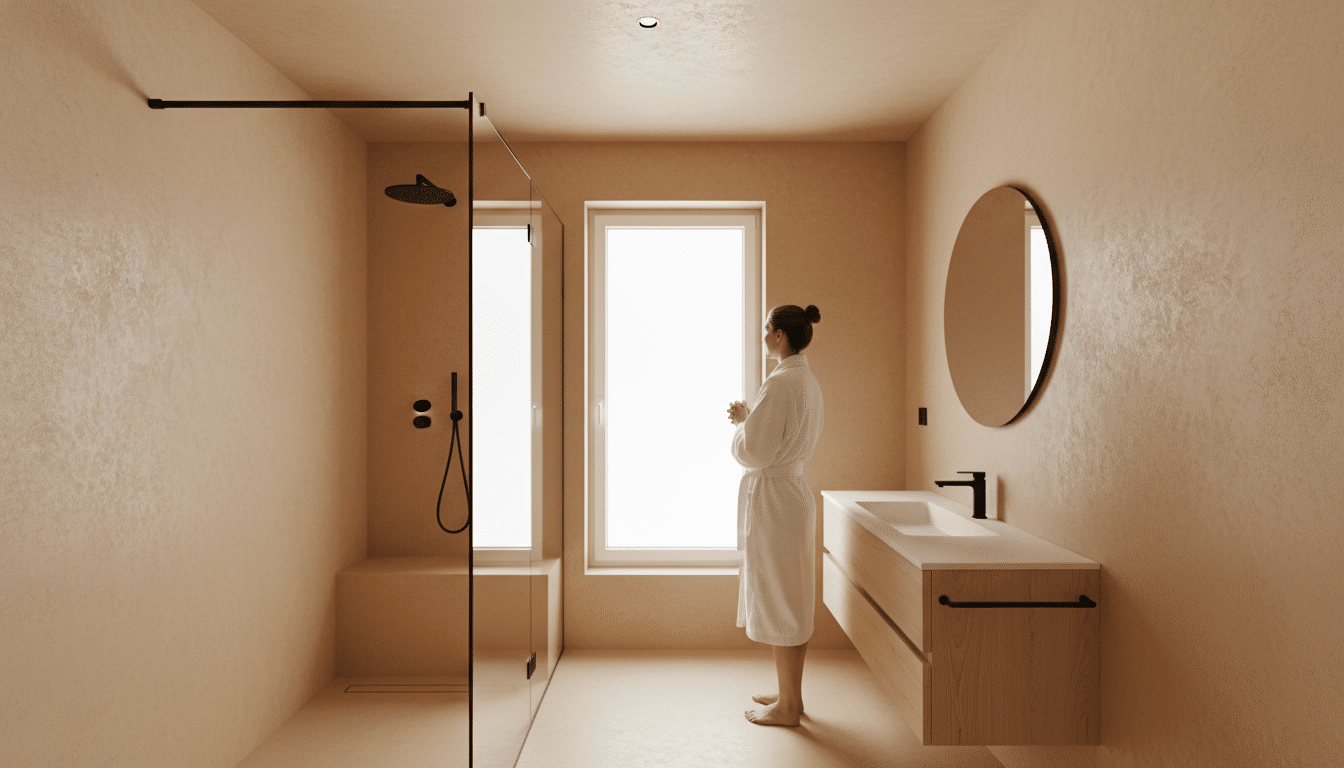 Petite salle de bain moderne entièrement recouverte de microciment