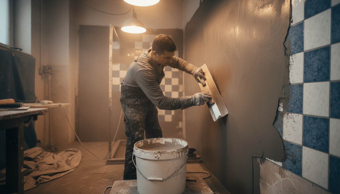 Artisan appliquant du microciment à la spatule sur un mur de douche
