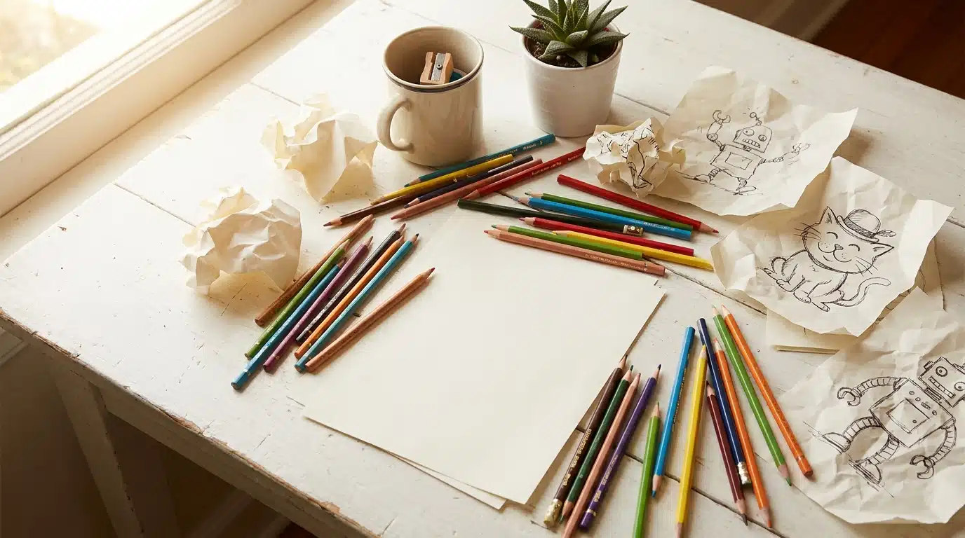 Crayons de couleur et feuilles blanches sur une table
