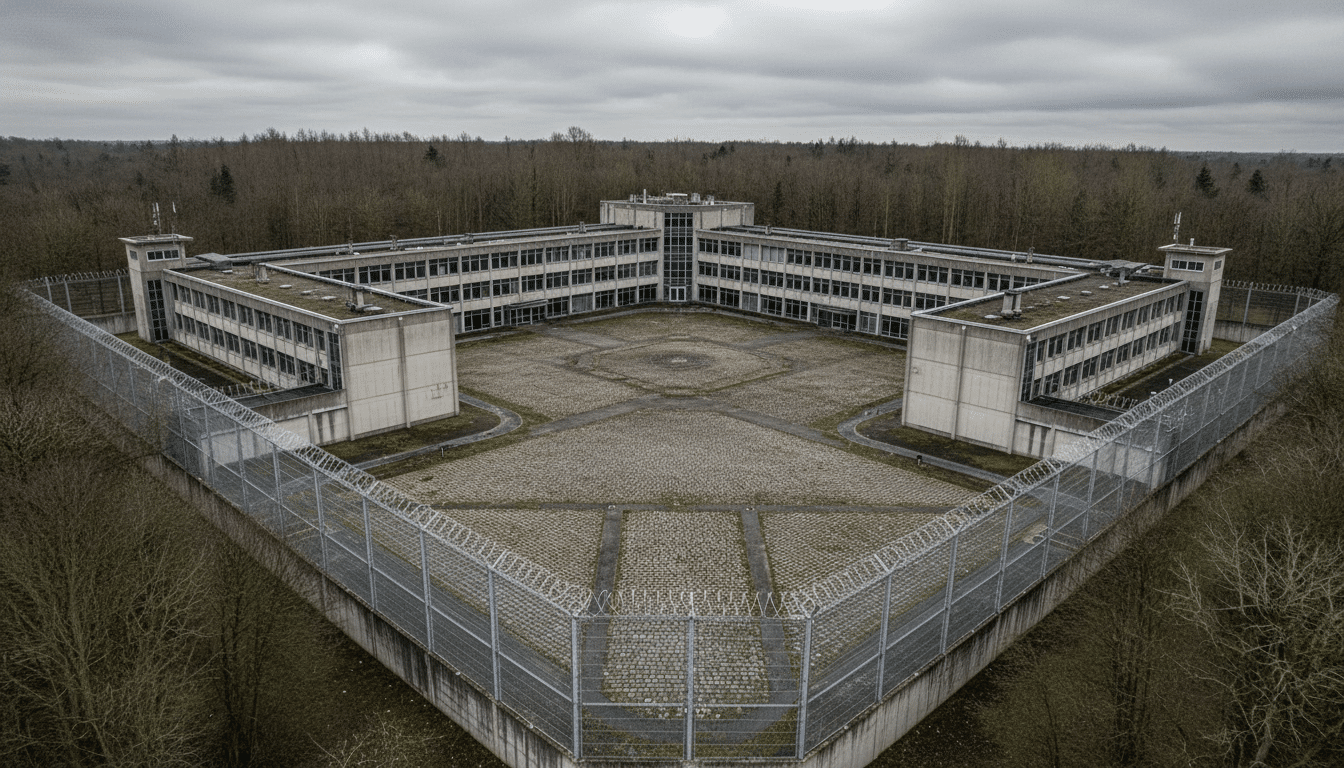 Centre de rétention administrative français vu de l'extérieur avec grillages et bâtiment institutionnel