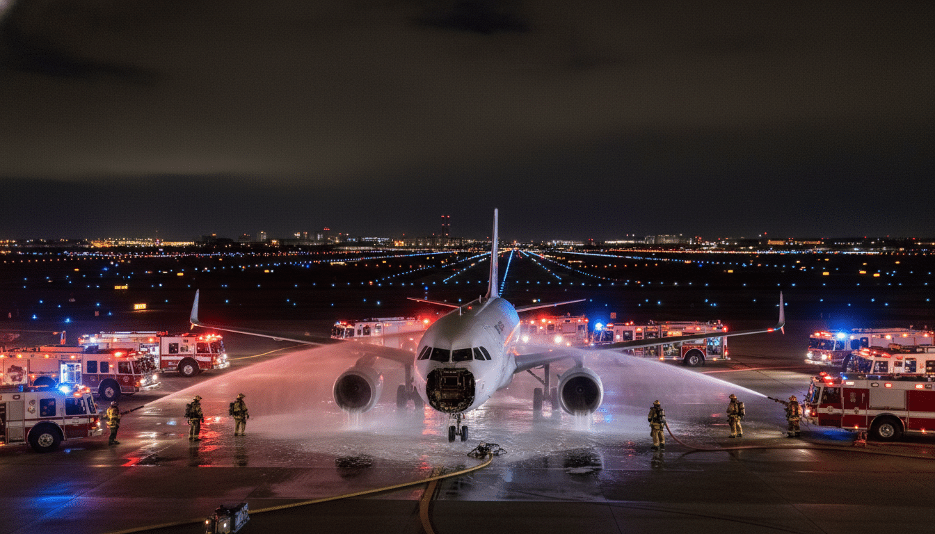 Avion Frontier Airlines immobilisé sur la piste de Denver de nuit
