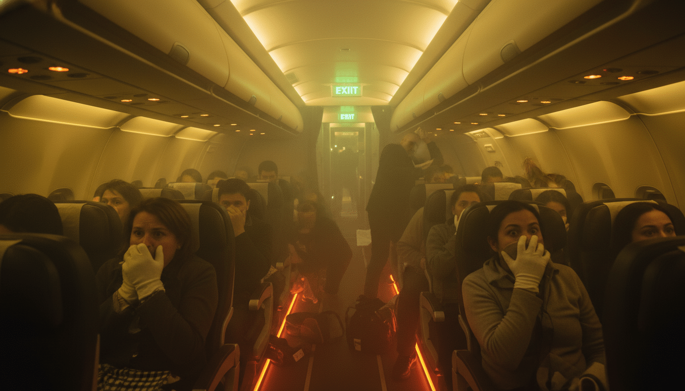 Cabine d'avion enfumée avec passagers paniqués