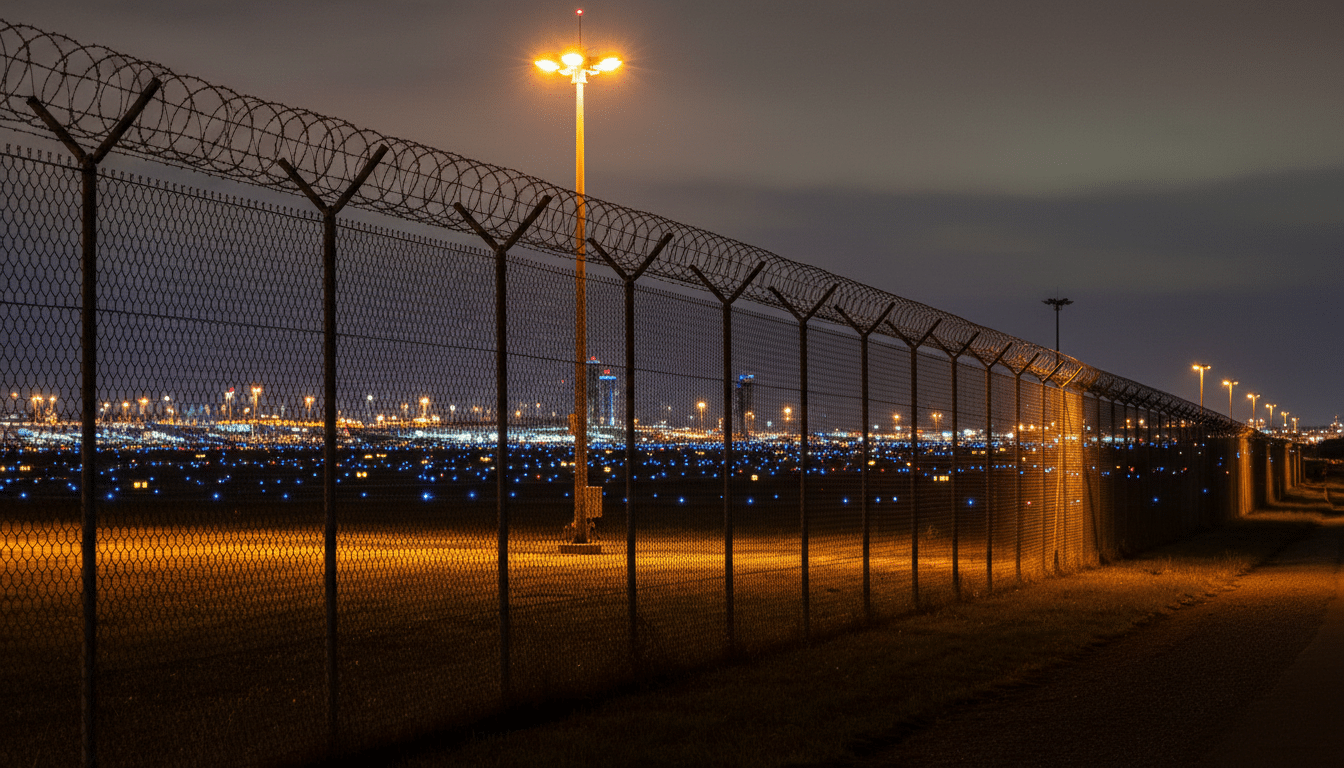Clôture de sécurité périmétrique d'un aéroport de nuit
